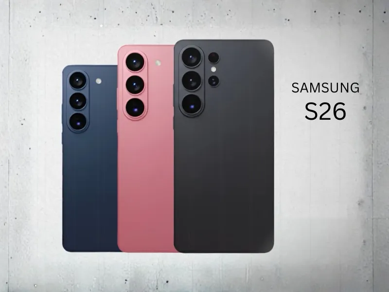 Galaxy S26" with AI features in a hand, surrounded by data streams.