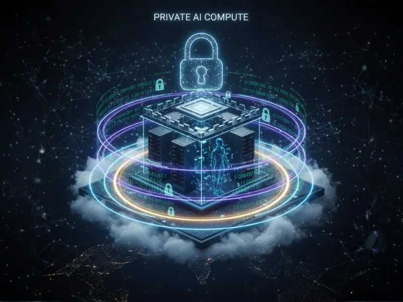 A digital illustration of "Private AI Compute" with a padlock icon, showing secure data processing.